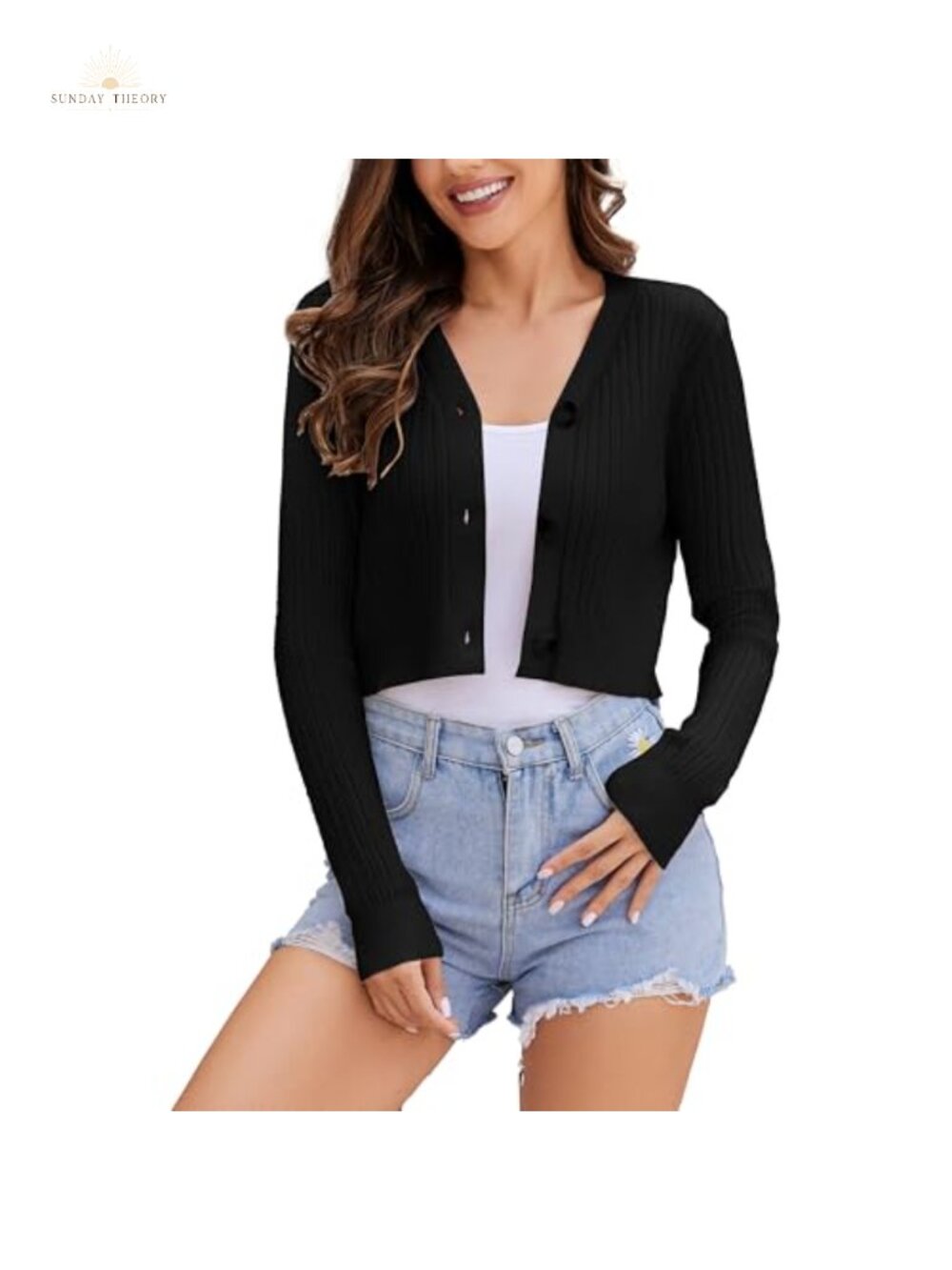 Cropped Button Front Cardigan Long Sleeve Ribbed Knit Shrug